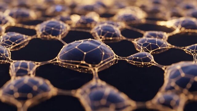 Stunning dark geometric cellular nodes with micro-lighting creating organic patterns