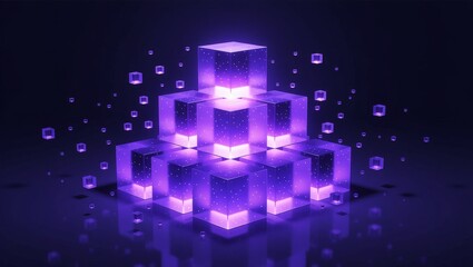 Glowing purple transparent cubes pyramid with floating cubes