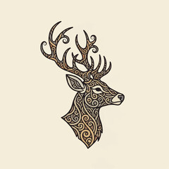 Detailed illustration of a deer head with ornate, swirling patterns filling the form.