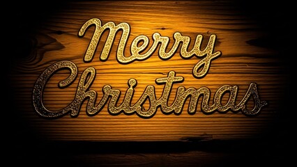 Golden Merry Christmas Text on Wooden Background with Vignette Effect