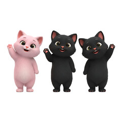 Three Cute 3D Cartoon Kittens Waving Hello