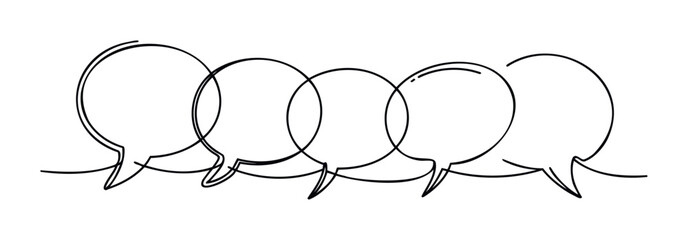 Five overlapping speech bubbles forming a continuous line, perfect for representing conversation, dialogue, or collaborative communication in business or social contexts.