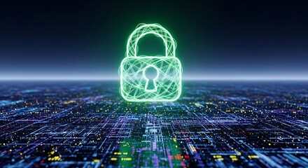 Digital padlock glowing green on a futuristic circuit board background, symbolizing cybersecurity and data protection