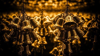 Golden Bells Hanging in a Festive, Bokeh-lit Display