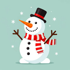 A cheerful snowman with a carrot nose and festive scarf, surrounded by snowflakes.