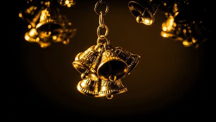 Close-up of a Cluster of Ornate Golden Bells Hanging from a Chain
