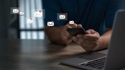 man using phone for email notification alert, Online communication message alert Message Online digital mail notifications