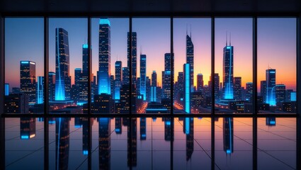 Twilight city skyline with reflective floor and illuminated skyscrapers