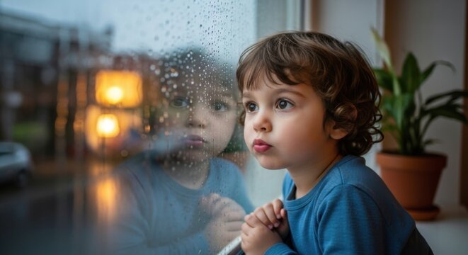 Young child gazing out of window on a rainy day.