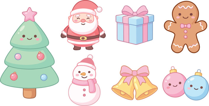 Cute pastel Christmas icon set &mdash; kawaii Santa, Christmas tree, gift box, gingerbread man, snowman, bells, ornaments &mdash; soft color flat vector for holiday decoration, apps, stickers, and greeting cards
