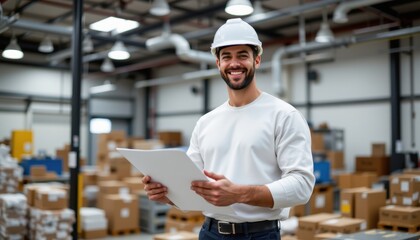 Smiling Male Warehouse Worker in Hard Hat Holding Documents in Busy Storage Facility