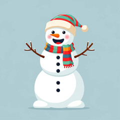 Cheerful snowman with a striped hat and scarf, smiling against a light blue background.