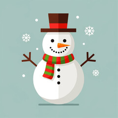A cheerful snowman with a festive scarf and top hat, surrounded by snowflakes.