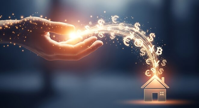 Hand emitting glowing currency symbols towards a miniature house, symbolizing financial growth and investment - Powered by Adobe
