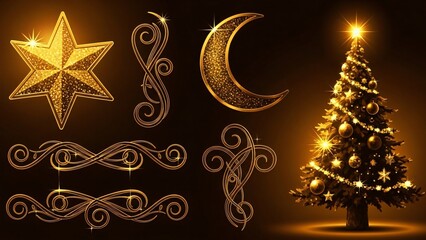Golden Christmas Tree Star and Moon Ornaments with Decorative Flourishes