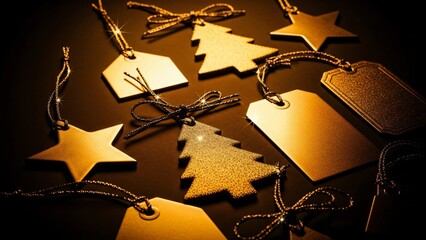 Golden Christmas Ornaments and Gift Tags Scattered on Dark Surface