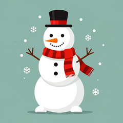 Illustration of a cheerful snowman wearing a red scarf and a black top hat, surrounded by snowflakes.