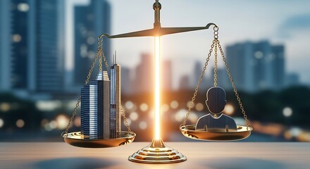 A golden scale balances books on one side against a silhouette of a person on the other, symbolizing justice and equality