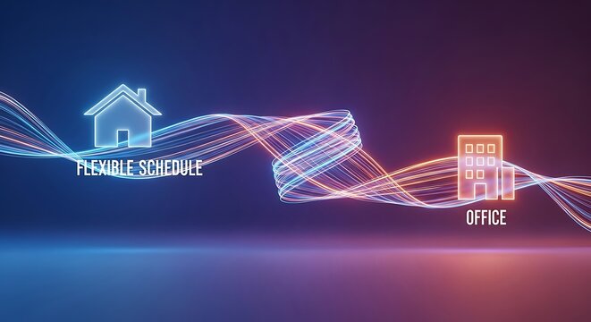Digital representation of flexible work schedule connecting home and office with glowing particles