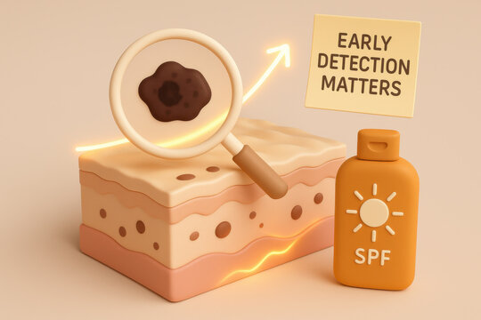Serious concept of skin cancer detection showing suspicious dark spot with magnifying glass. Sunscreen for prevention and reminder that early detection matters for melanoma care
