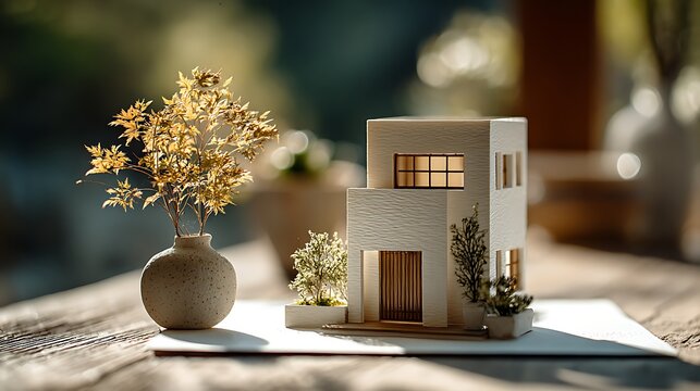 Miniature modern house model with plants in a vase on a wooden surface in soft focus background - Powered by Adobe