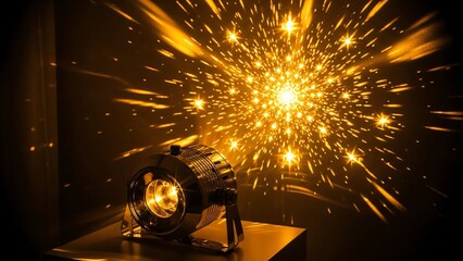 Golden Light Projector Emitting Starburst Pattern on Dark Wall