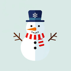 A cartoon snowman with a blue hat, scarf, carrot nose, and twig arms stands against a light blue background.