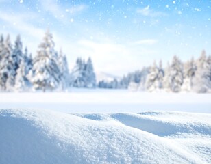 Snowy landscape with trees and a bright blue sky