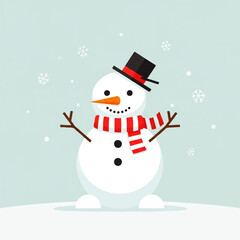 Cartoon snowman with a black hat and striped scarf stands in the snow as snowflakes fall.