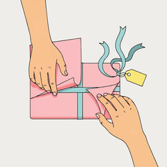 Two hands carefully wrapping a pink gift box with a blue ribbon.
