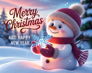 An enchanting holiday illustration featuring a soft cartoon snowman, glowing snowflake, cinematic winter forest, warm seasonal colors, and beautifully integrated Merry Christmas typography