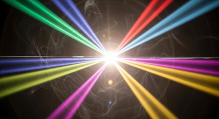 Bright starburst of colorful laser beams radiating outwards from a central point on a dark background