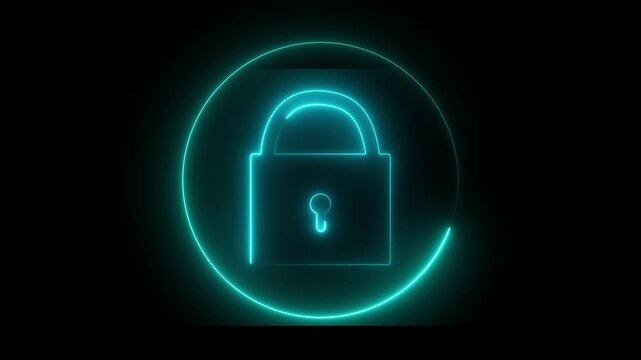 Glowing neon color animation lock icon protection safety security privacy password circle closed animated sign symbol on black background.