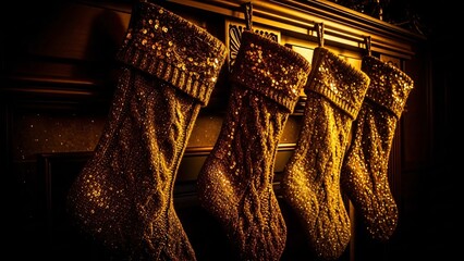 Festive Christmas Stockings Adorned with Sequins Hanging by Fireplace