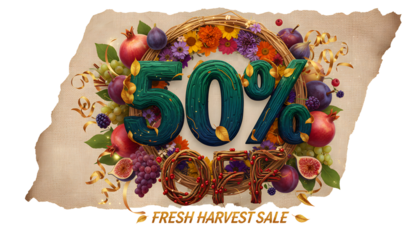 Fresh harvest sale fifty percent off creative typography