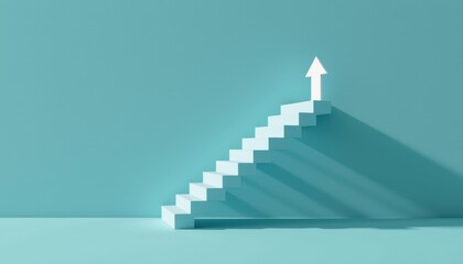 Abstract representation of stairs leading upward with an arrow in a minimalist style on a blue background