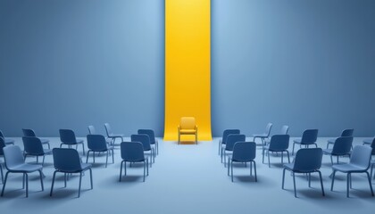 Bright Yellow Chair in a Minimalist Blue Room Surrounded by Empty Chairs for Modern Interior Design Concept