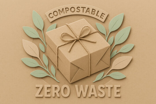 Mindful zero waste compostable gift concept. This eco friendly, sustainable paper cut artwork for holiday shows biodegradable package with positive message for giving