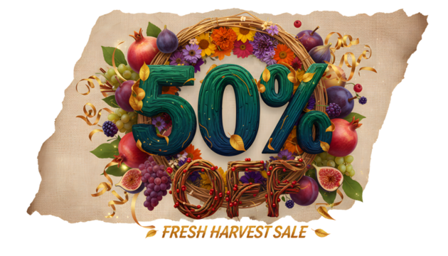 Fresh harvest sale fifty percent off creative typography