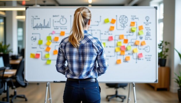 Woman Analyzing Charts and Sticky Notes While Planning in Modern Office Environment with Bright Natural Light