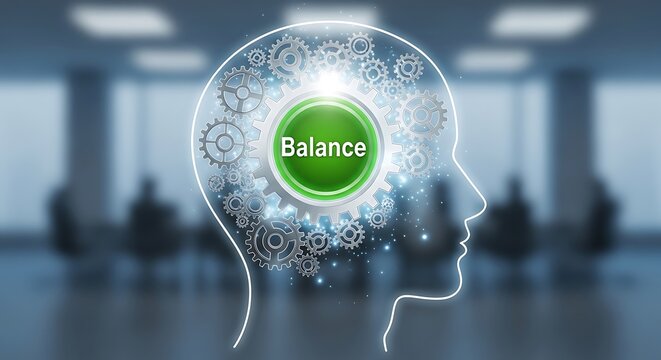 Outline of a human head filled with gears and a glowing green button labeled balance, symbolizing mental balance