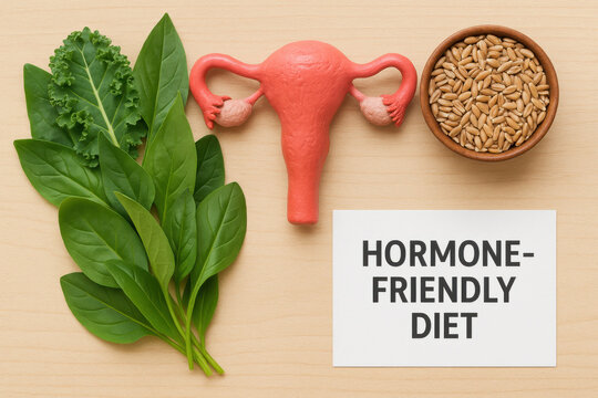 Hopeful hormone friendly diet concept for reproductive health. uterus model with leafy green vegetable and whole grain shows positive approach to female wellness and nutrition