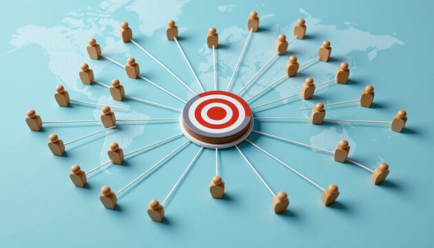 Conceptual illustration of global network connections with target symbol and wooden figures representing people on a world map background - Powered by Adobe