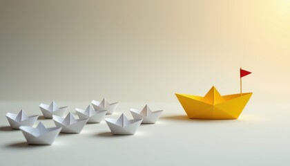 Naklejka premium Colorful Paper Boat with Flag Surrounded by White Origami Boats on Soft Background