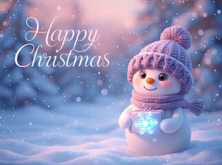 A cute snowman on a snowy hillside with gentle snowfall, pine trees, and icy winter tones, creating a festive Christmas and New Year greeting card with copy-space