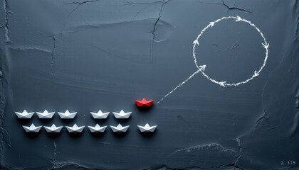 Red paper boat leading a group of white boats in a creative illustration of individuality and leadership on a dark background