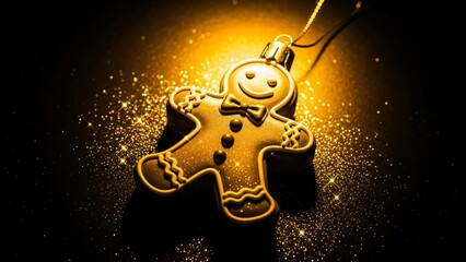 Golden Gingerbread Man Ornament with Sparkly Glitter and Bokeh Effect