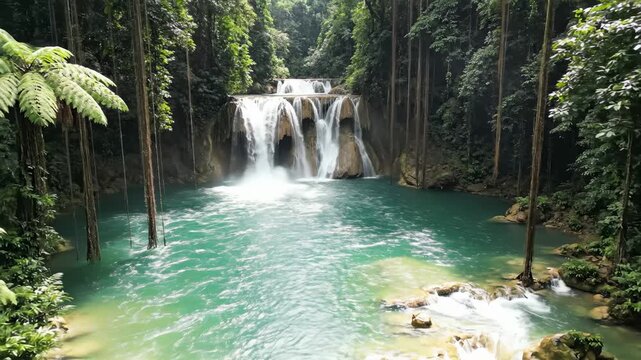 Turquoise Water Flowing Over Tumalog Falls in Lush Jungle