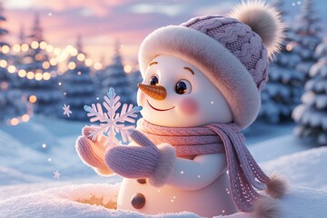 A magical Christmas illustration featuring a cute cartoon snowman holding a glowing snowflake, surrounded by soft snowfall, dreamy forest light, and cinematic holiday atmosphere with no text