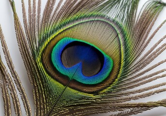 Intricate close up of a peacock feather eye showing vibrant blues greens and browns